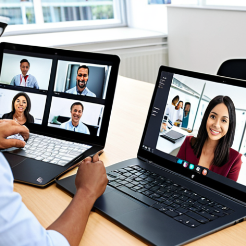 Home 25 **Team Collaboration:** A diverse team collaborating seamlessly in a modern, bright office space, using a digital communication platform on laptops and tablets, showcasing video conferencing and instant messaging features. The atmosphere is productive and harmonious.