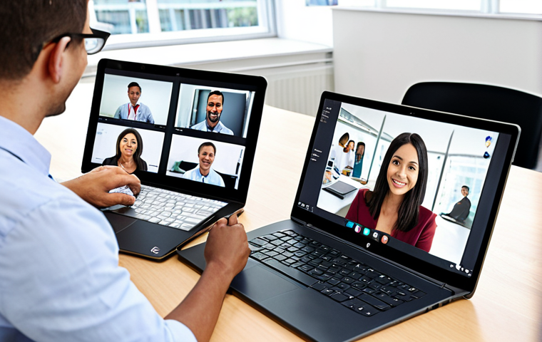 **Team Collaboration:** A diverse team collaborating seamlessly in a modern, bright office space, using a digital communication platform on laptops and tablets, showcasing video conferencing and instant messaging features. The atmosphere is productive and harmonious.