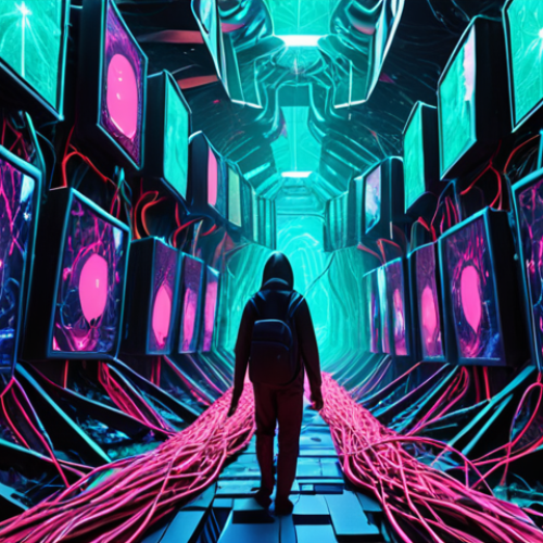 Home 24 **Prompt:** A person (or abstract figure) struggling to navigate a dense, chaotic digital jungle. The scene is filled with overlapping, glowing screens, tangled abstract wires, overwhelming pop-ups, and complex, confusing interfaces that resemble a dense forest. Emphasize visual clutter, hidden pathways, and a sense of being lost in a "minefield" of options. Futuristic, conceptual digital art, vibrant neon colors against dark backgrounds, high detail, 8k.