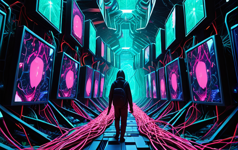 **Prompt:** A person (or abstract figure) struggling to navigate a dense, chaotic digital jungle. The scene is filled with overlapping, glowing screens, tangled abstract wires, overwhelming pop-ups, and complex, confusing interfaces that resemble a dense forest. Emphasize visual clutter, hidden pathways, and a sense of being lost in a "minefield" of options. Futuristic, conceptual digital art, vibrant neon colors against dark backgrounds, high detail, 8k.
