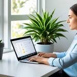 A serene professional woman, fully clothed in a modest business casual outfit, sits focused at a clean, minimalist desk in a bright, modern home office. Her laptop screen displays a productivity app interface with a subtle timer. Sunlight streams through a large window, illuminating a potted plant nearby. The atmosphere is calm and conducive to deep work. safe for work, appropriate content, perfect anatomy, well-formed hands, natural body proportions, professional photography, high quality, family-friendly.