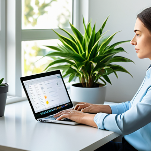 Home 22 A serene professional woman, fully clothed in a modest business casual outfit, sits focused at a clean, minimalist desk in a bright, modern home office. Her laptop screen displays a productivity app interface with a subtle timer. Sunlight streams through a large window, illuminating a potted plant nearby. The atmosphere is calm and conducive to deep work. safe for work, appropriate content, perfect anatomy, well-formed hands, natural body proportions, professional photography, high quality, family-friendly.