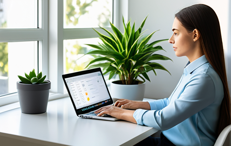 A serene professional woman, fully clothed in a modest business casual outfit, sits focused at a clean, minimalist desk in a bright, modern home office. Her laptop screen displays a productivity app interface with a subtle timer. Sunlight streams through a large window, illuminating a potted plant nearby. The atmosphere is calm and conducive to deep work. safe for work, appropriate content, perfect anatomy, well-formed hands, natural body proportions, professional photography, high quality, family-friendly.
