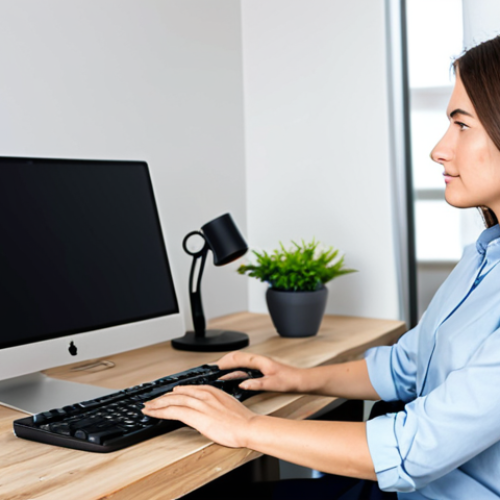 Home 9 A professional woman, fully clothed in a modest business casual outfit, sits calmly at a minimalist, tidy home office desk. Her posture is natural, showing perfect anatomy and correct proportions. A single, focused application is displayed on her monitor, symbolizing reclaimed focus and intentional digital boundaries. The background is clean and uncluttered, reflecting a distraction-free workspace. Soft, diffused lighting illuminates the scene, promoting a serene atmosphere. Well-formed hands rest gently on a keyboard, proper finger count visible. High-quality professional photography, appropriate attire, safe for work, family-friendly content.