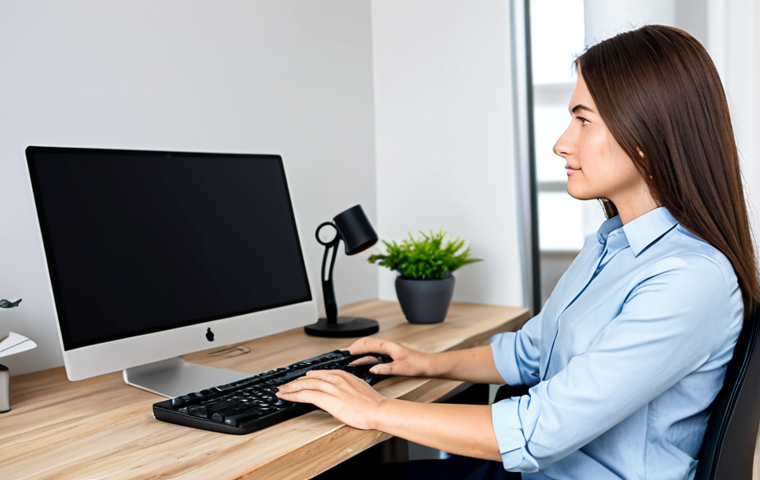 A professional woman, fully clothed in a modest business casual outfit, sits calmly at a minimalist, tidy home office desk. Her posture is natural, showing perfect anatomy and correct proportions. A single, focused application is displayed on her monitor, symbolizing reclaimed focus and intentional digital boundaries. The background is clean and uncluttered, reflecting a distraction-free workspace. Soft, diffused lighting illuminates the scene, promoting a serene atmosphere. Well-formed hands rest gently on a keyboard, proper finger count visible. High-quality professional photography, appropriate attire, safe for work, family-friendly content.