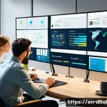 프로젝트 성공을 위한 디지털 도구 최적화 - A modern office scene showing a diverse team of professionals collaborating around a large digital s...