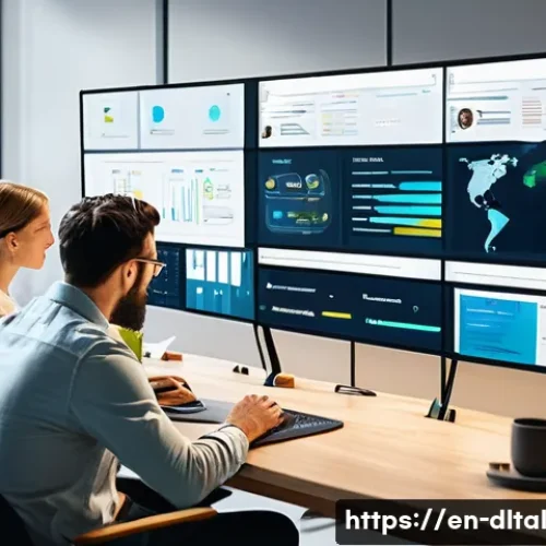 프로젝트 성공을 위한 디지털 도구 최적화 - A modern office scene showing a diverse team of professionals collaborating around a large digital s...