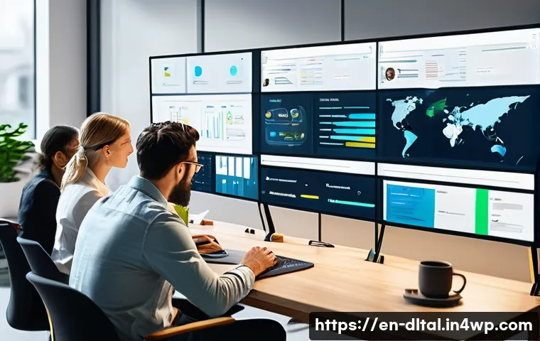 프로젝트 성공을 위한 디지털 도구 최적화 - A modern office scene showing a diverse team of professionals collaborating around a large digital s...