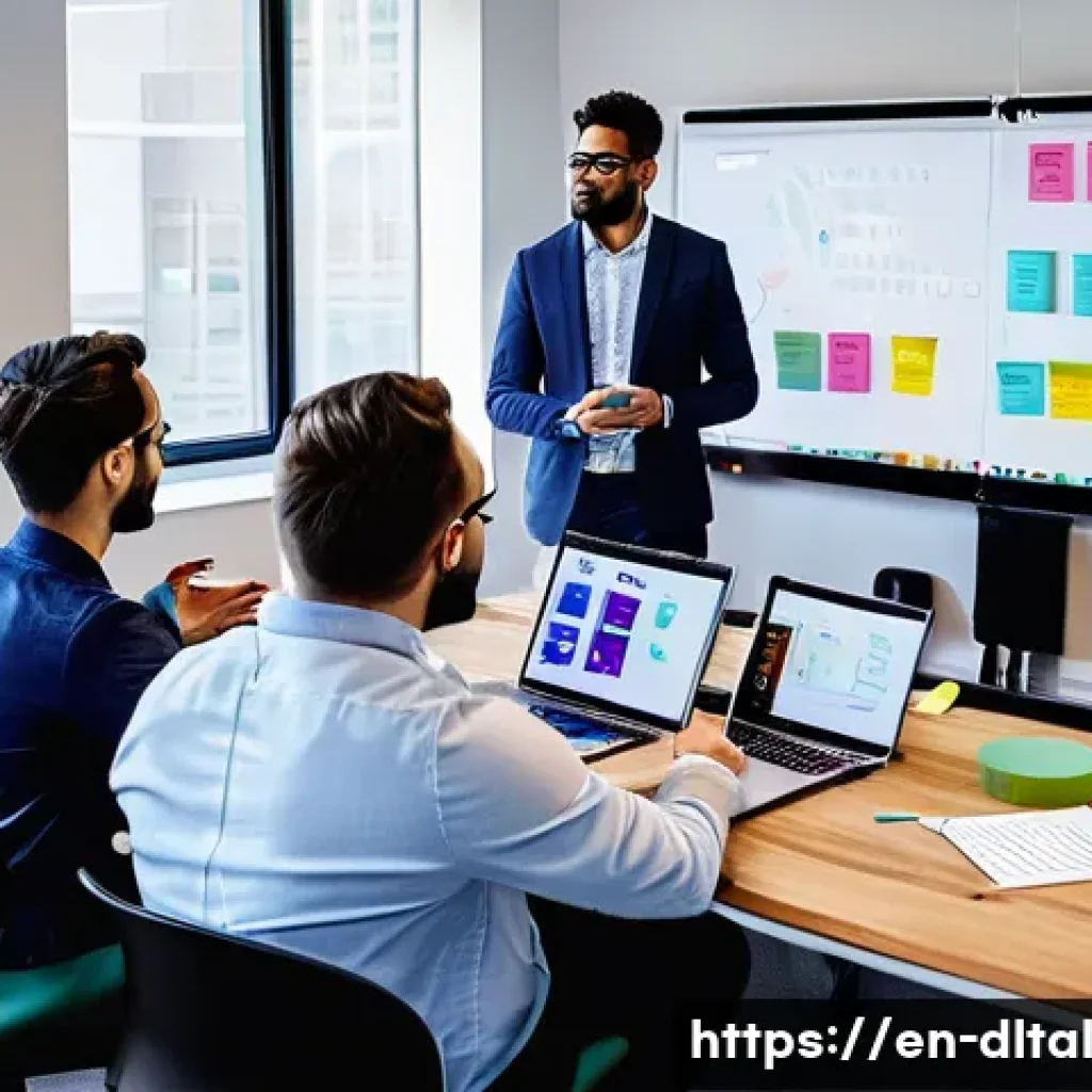 팀워크 향상을 위한 디지털 도구 사용 전략 - A modern, bright office scene showing a diverse team collaborating remotely via multiple digital too...