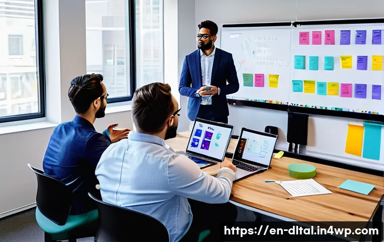 팀워크 향상을 위한 디지털 도구 사용 전략 - A modern, bright office scene showing a diverse team collaborating remotely via multiple digital too...