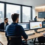 생산성 도구의 ROI 분석 방법 - A modern office scene showing a diverse remote team collaborating via video conference on multiple s...