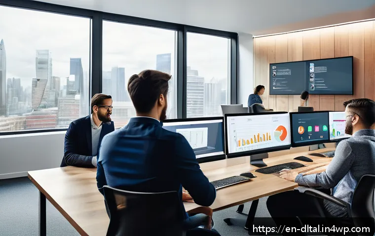 생산성 도구의 ROI 분석 방법 - A modern office scene showing a diverse remote team collaborating via video conference on multiple s...