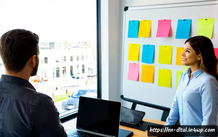 생산성 도구의 사용자 피드백 반영 방법 - Photorealistic modern product team workshop in a bright American coworking office, diverse adults re...