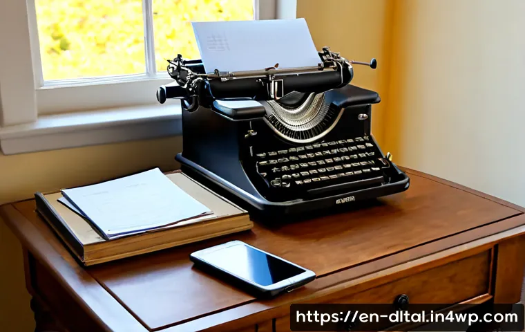 Home 17 생산성 도구의 변천사와 미래 전망 - Photorealistic side-by-side workspace evolution, a vintage wooden desk with a mechanical typewriter,...